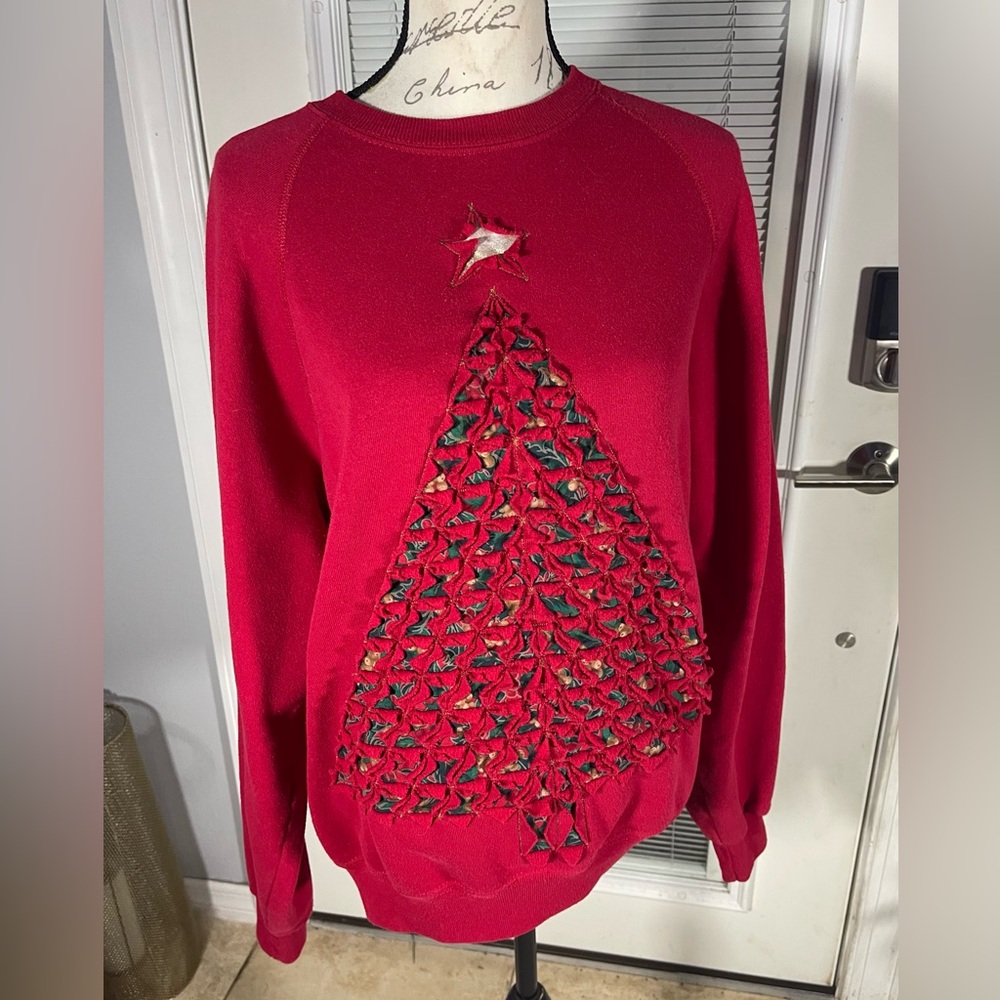 XL Vintage USA 90's LEE Christmas Tree Red Cut‎ Out Sweatshirt Patchwork Ugly